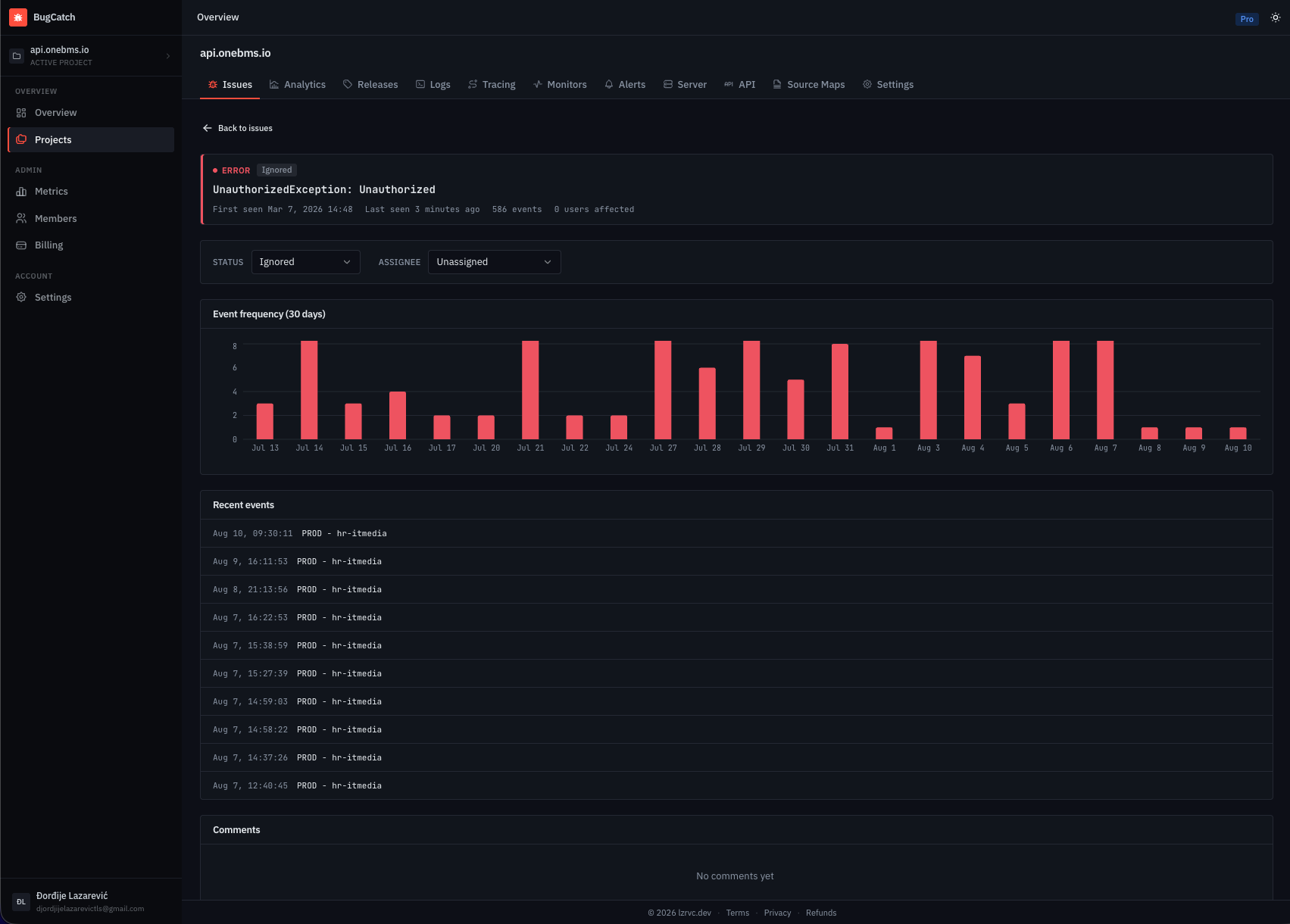 Issue detail view with resolved stack trace, event histogram, and breadcrumb timeline