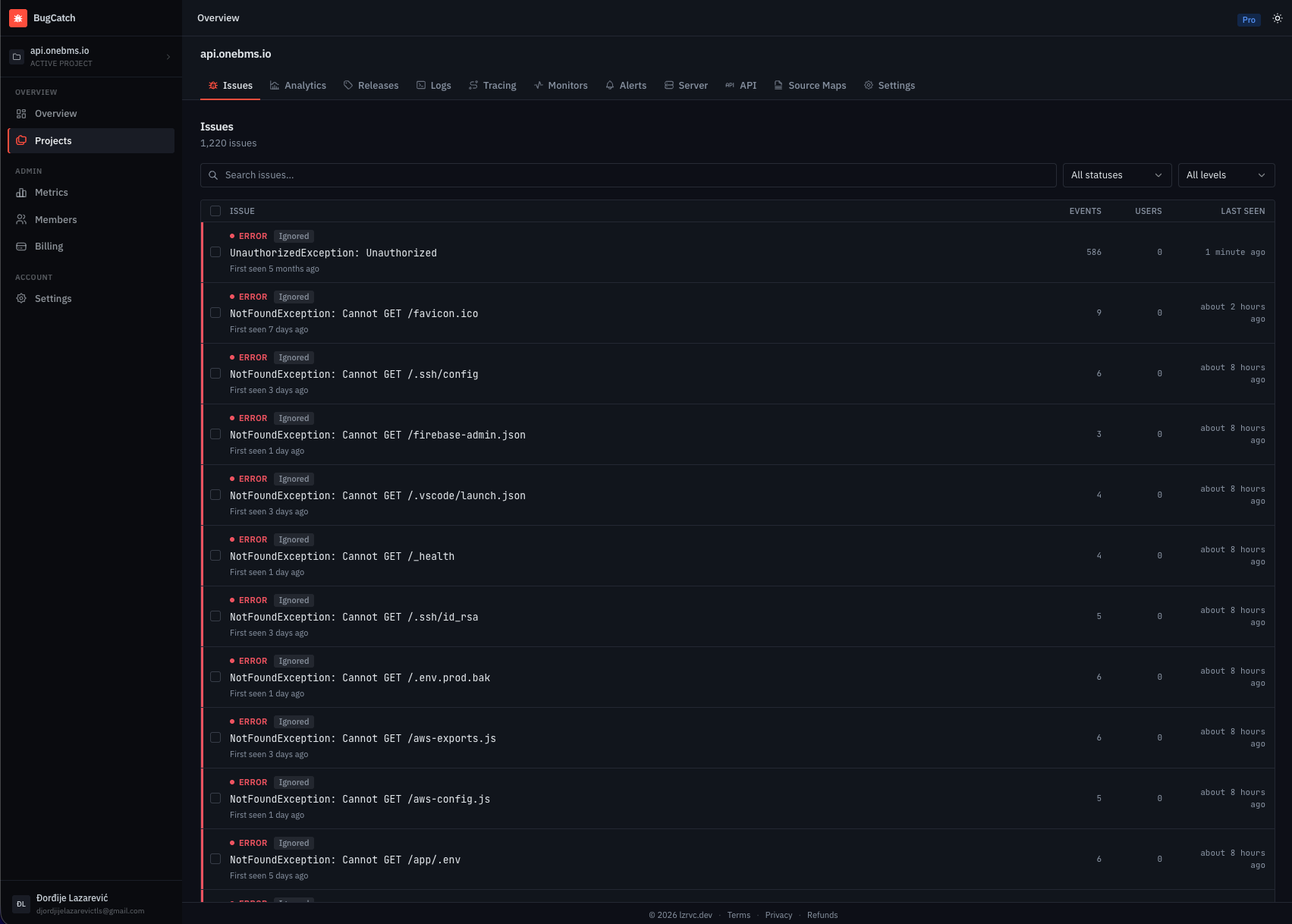 BugCatch issues list showing grouped errors with event counts and affected users