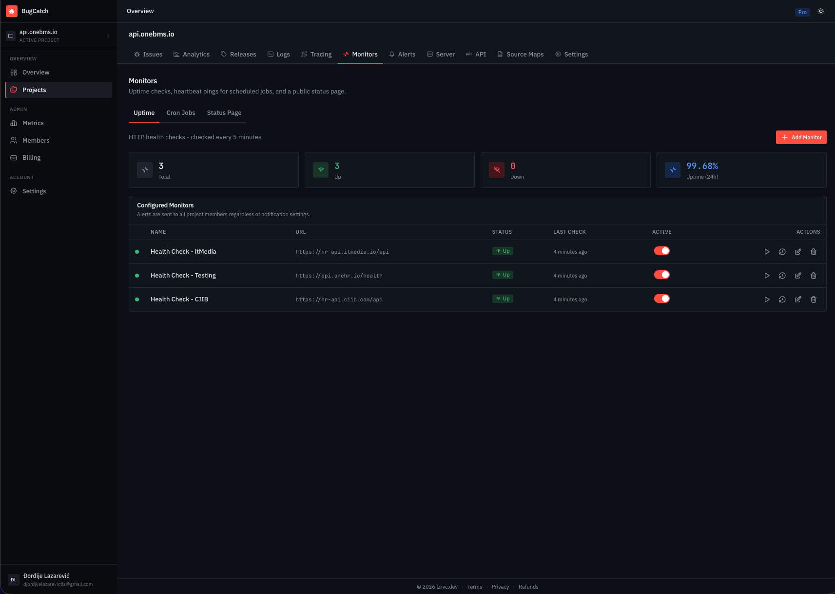 Uptime monitors listing check status and response-time history